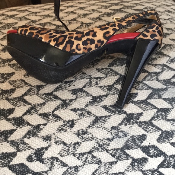 For sale leopard red and black high heel open toe shoe. - Picture 2 of 3